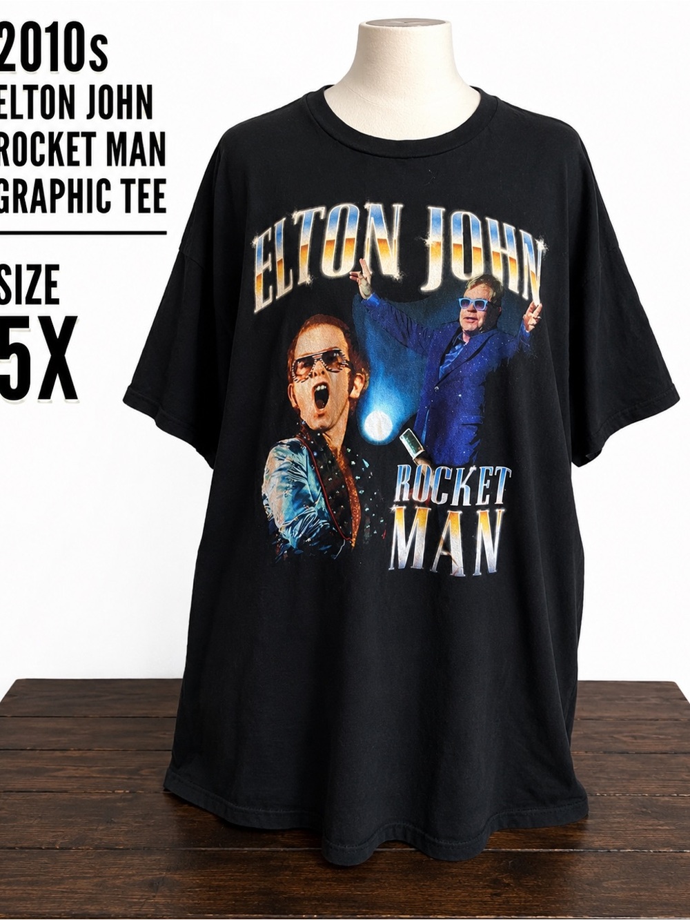 Elton John Rocket Man Graphic Tee Black 5XL Oversized 2010s